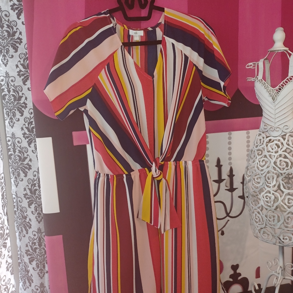 Colorful Striped Casual Mini Dress with draw string waist